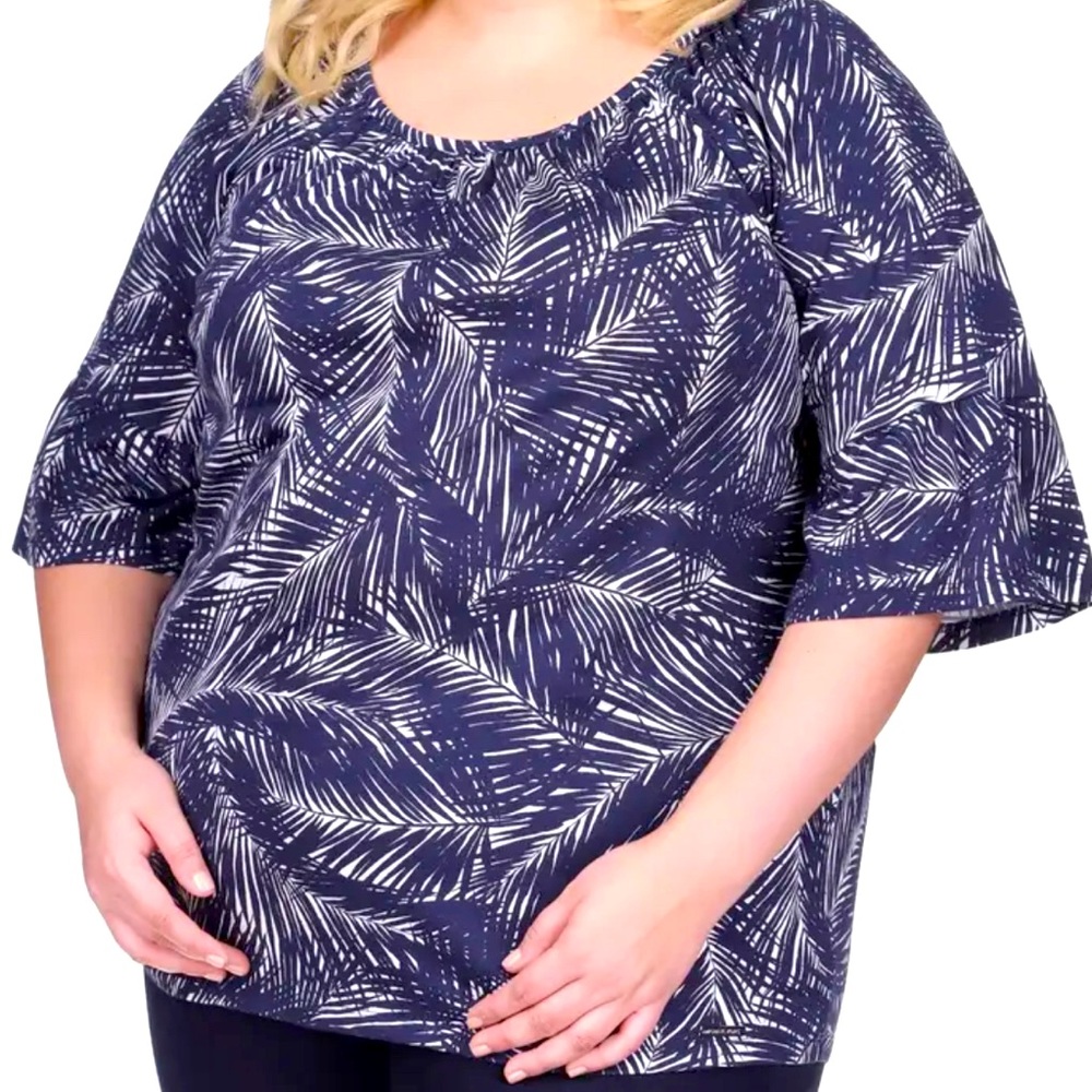 Michael Kors Palm Print Ruffle Sleeve Top Navy/White Plus Size 1X New Condition